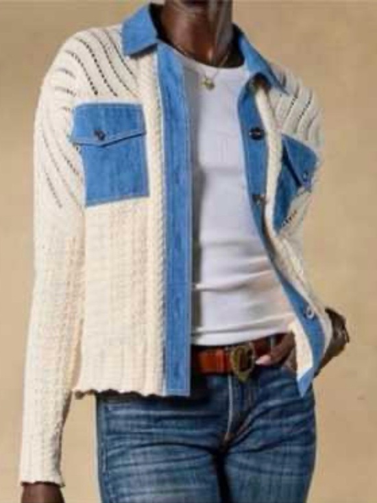 Sundance Sweaters - SUNDANCE Mixed Media Denim Trim Cable Knit Cardigan Cream Blue Women L